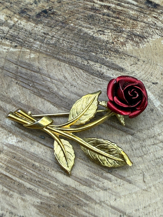 Vintage Red Rose Brooch, 1980s Flower