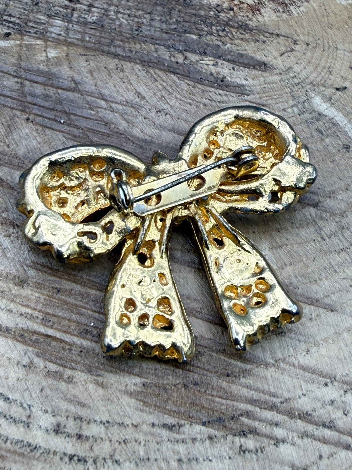 Vintage Textured Bow Brooch with Black Rhinestones