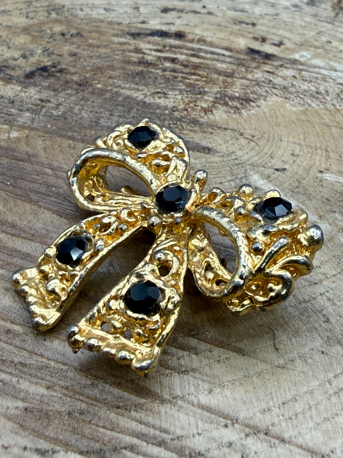 Vintage Textured Bow Brooch with Black Rhinestones