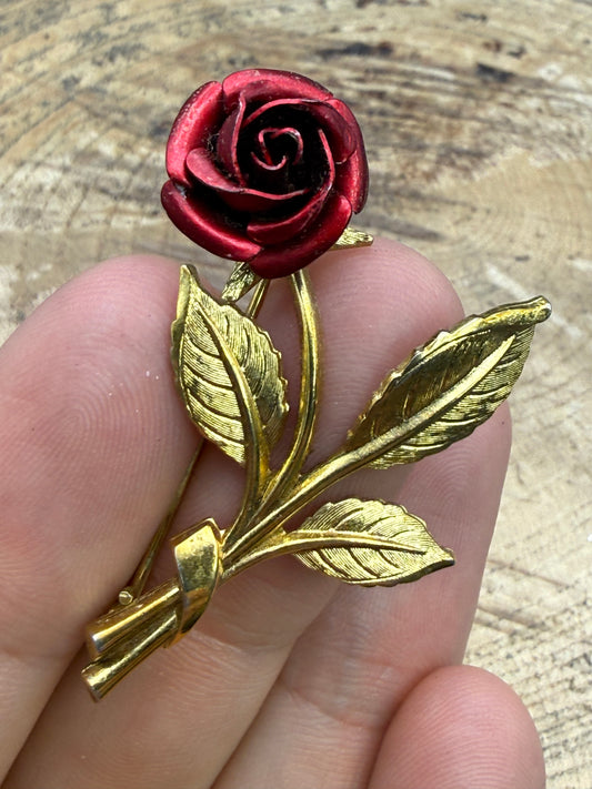 Vintage Red Rose Brooch, 1980s Flower