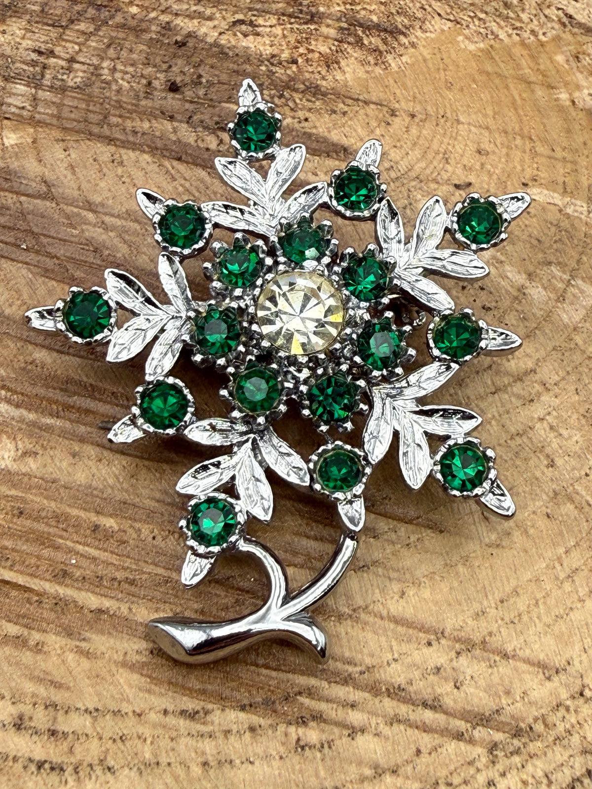 Vintage Leaf & Floral Rhinestone Brooch