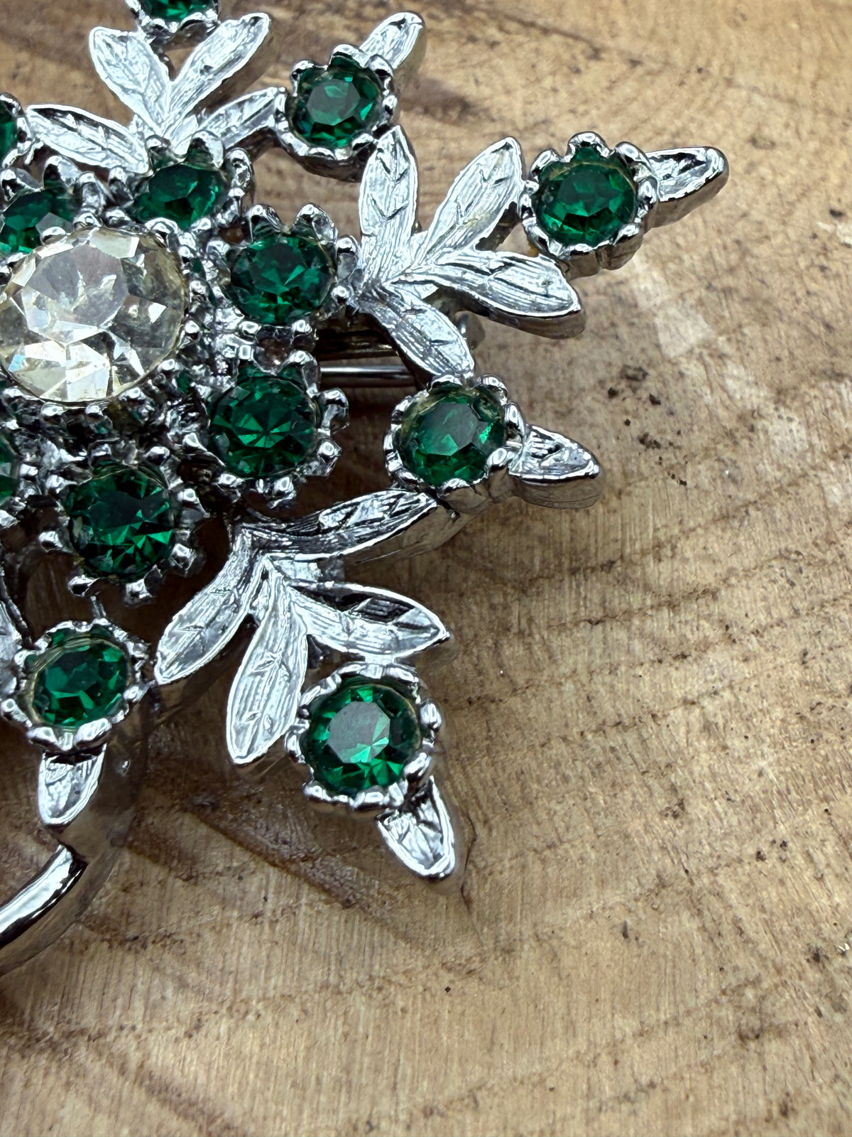 Vintage Leaf & Floral Rhinestone Brooch