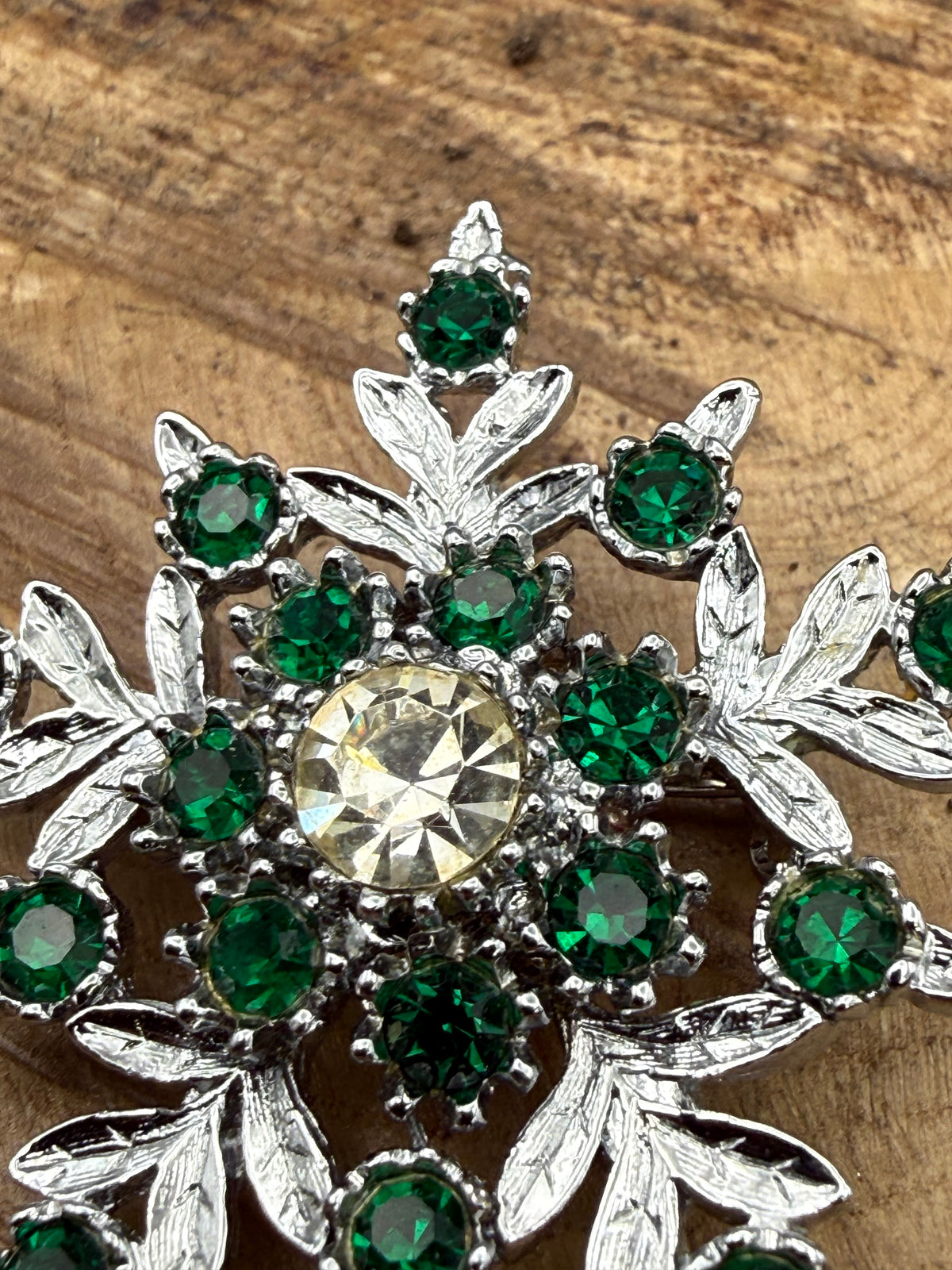 Vintage Leaf & Floral Rhinestone Brooch