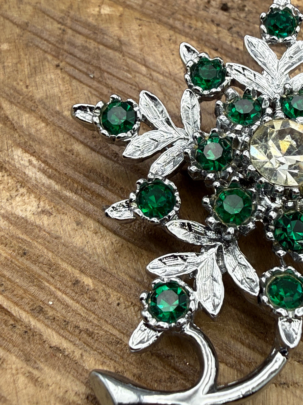 Vintage Leaf & Floral Rhinestone Brooch