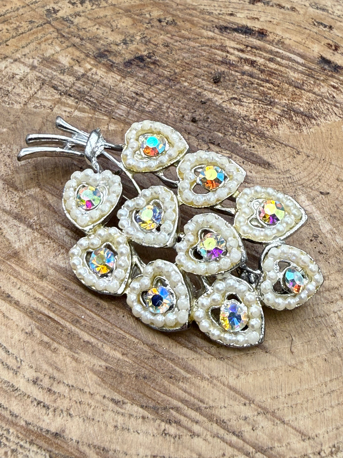 Vintage Aurora Borealis Bouquet of Hearts Brooch, Faux Pearl