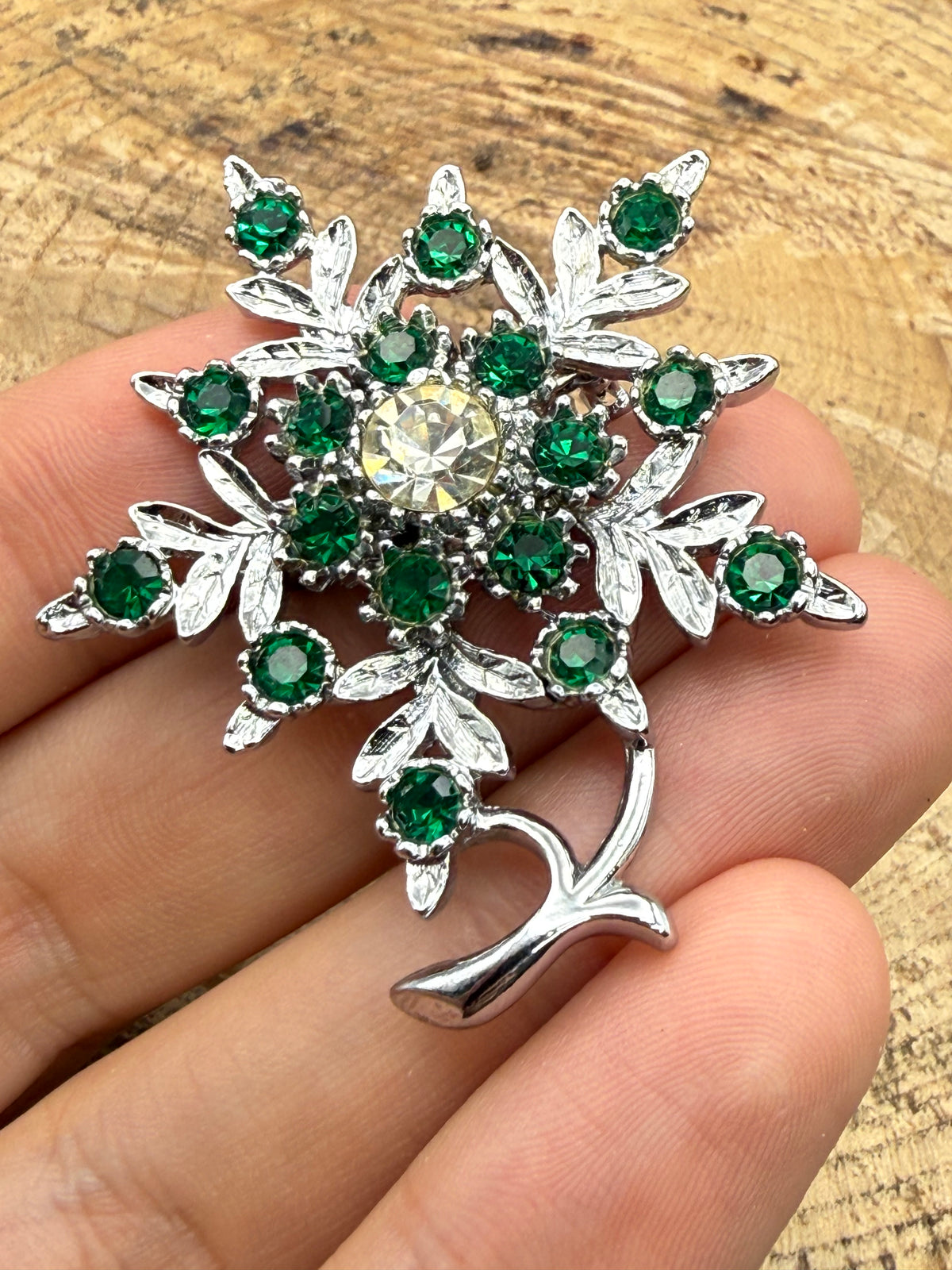 Vintage Leaf & Floral Rhinestone Brooch