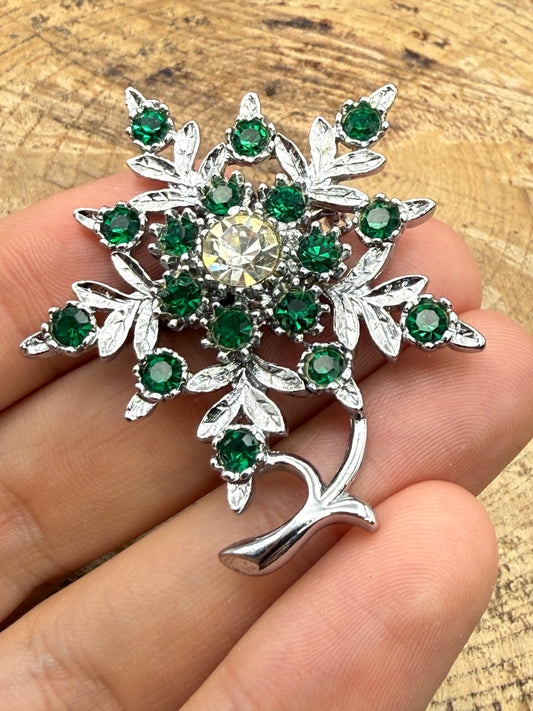 Vintage Leaf & Floral Rhinestone Brooch