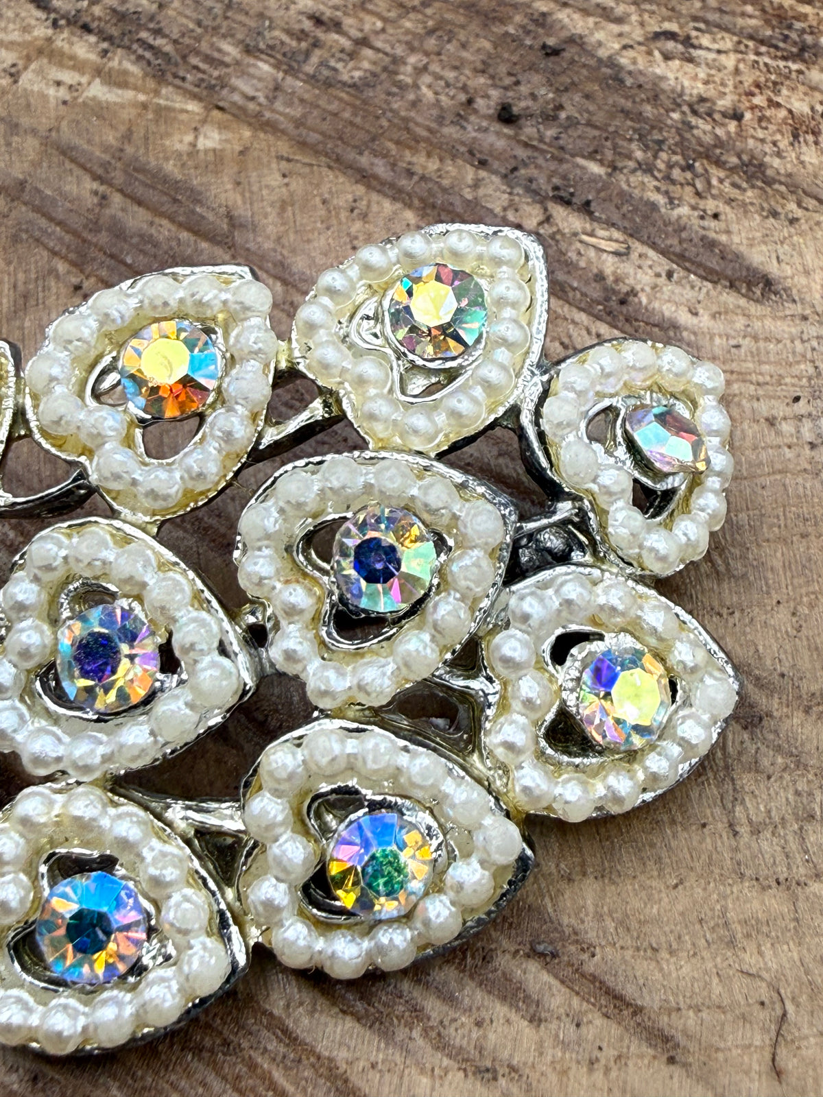 Vintage Aurora Borealis Bouquet of Hearts Brooch, Faux Pearl