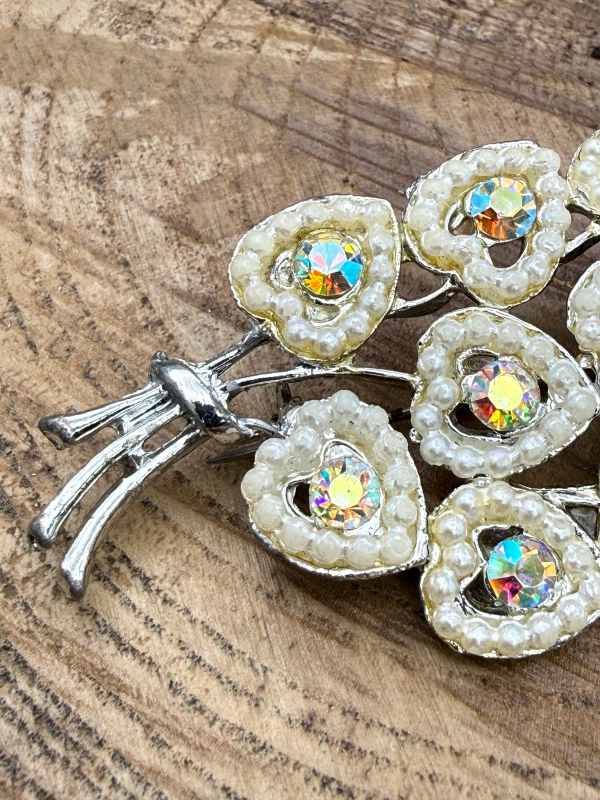 Vintage Aurora Borealis Bouquet of Hearts Brooch, Faux Pearl