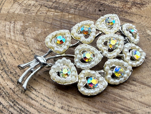 Vintage Aurora Borealis Bouquet of Hearts Brooch, Faux Pearl