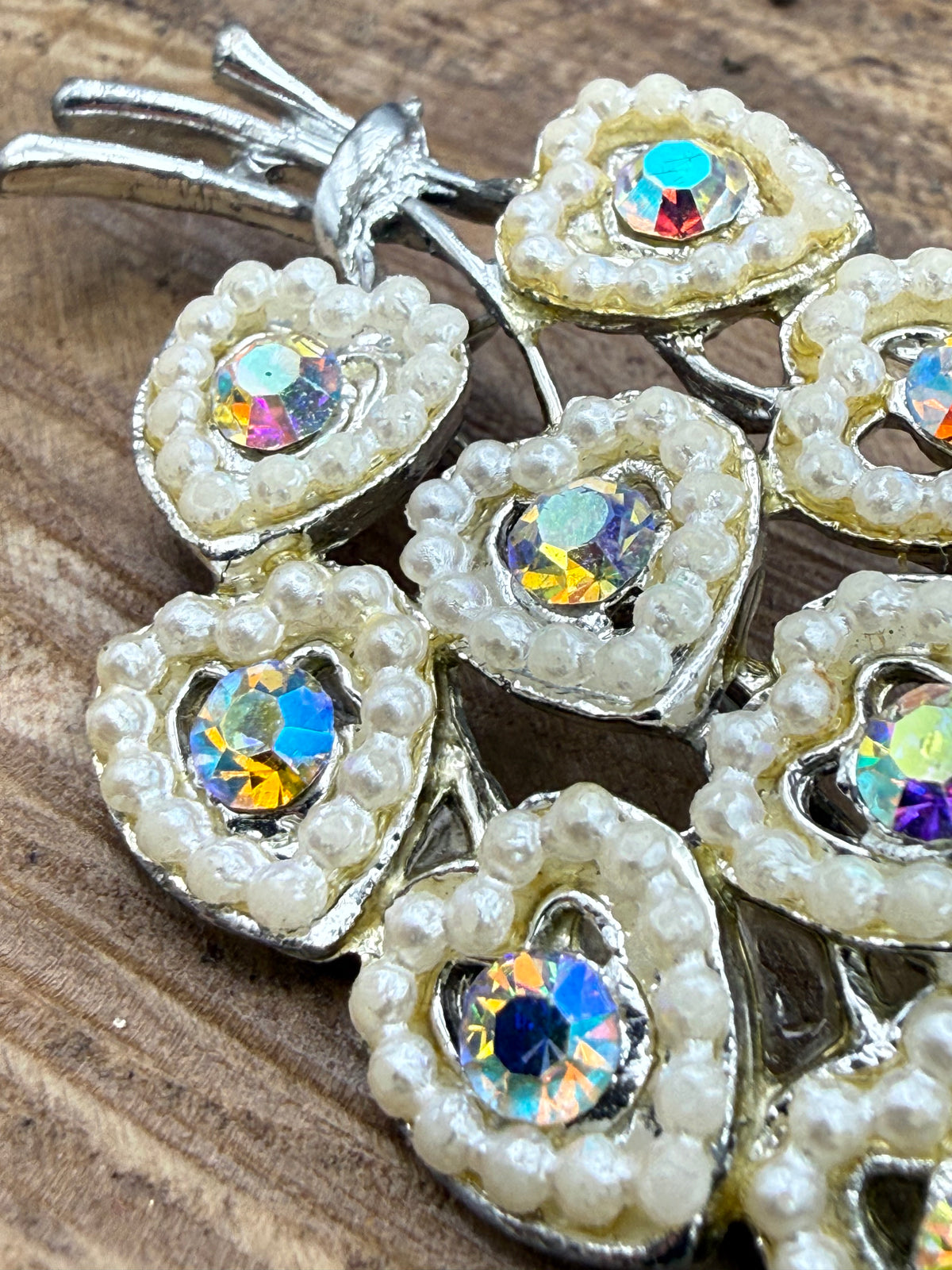Vintage Aurora Borealis Bouquet of Hearts Brooch, Faux Pearl
