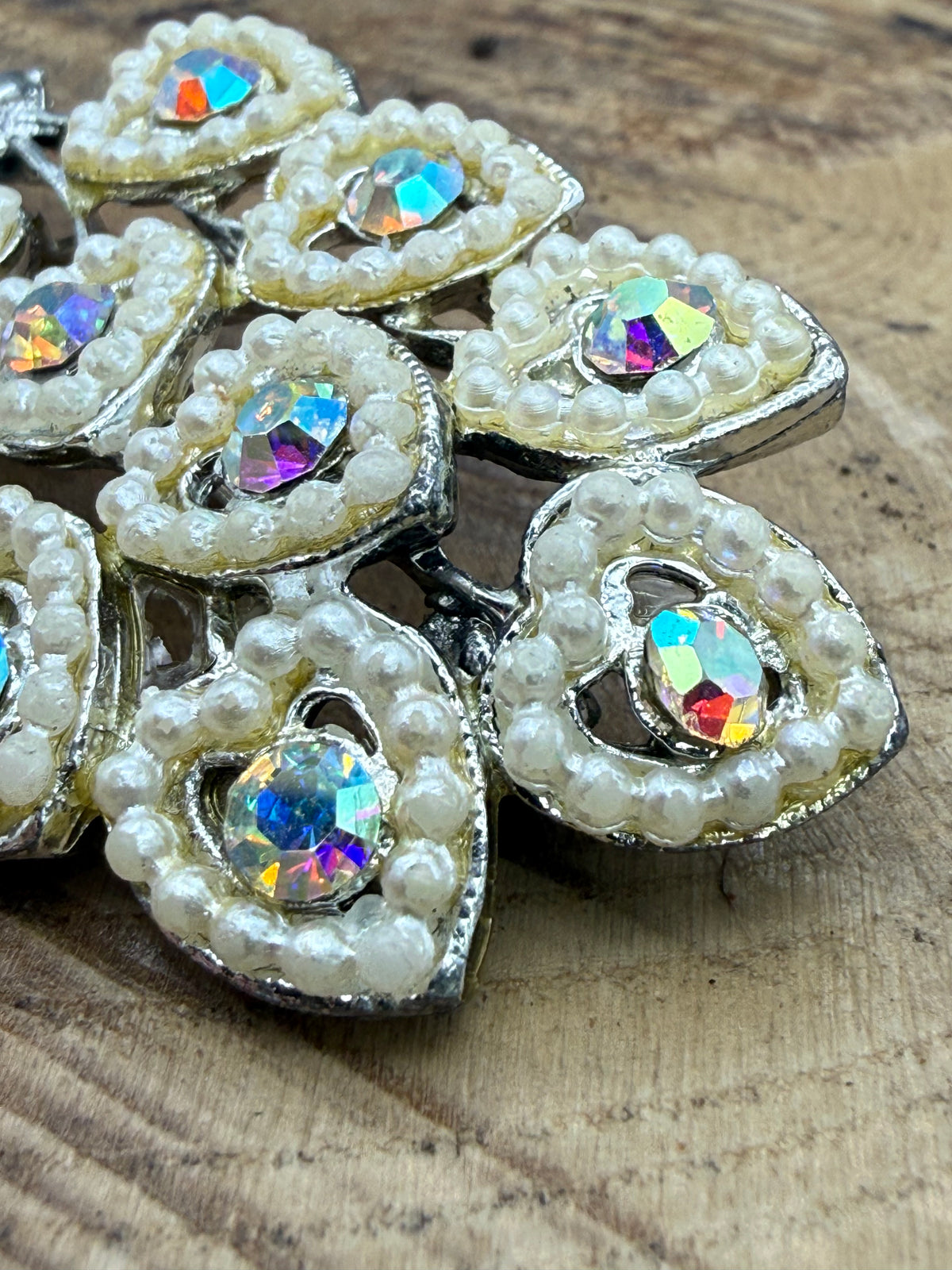 Vintage Aurora Borealis Bouquet of Hearts Brooch, Faux Pearl