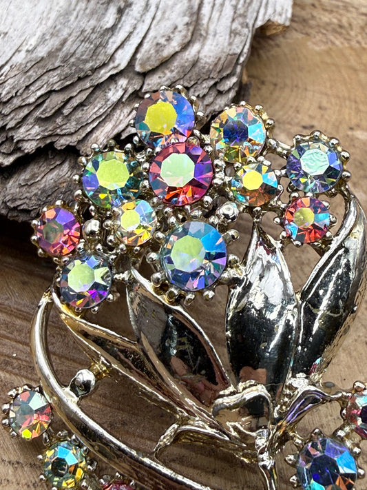 Vintage Red & Purple Aurora Borealis Flower Spray Brooch