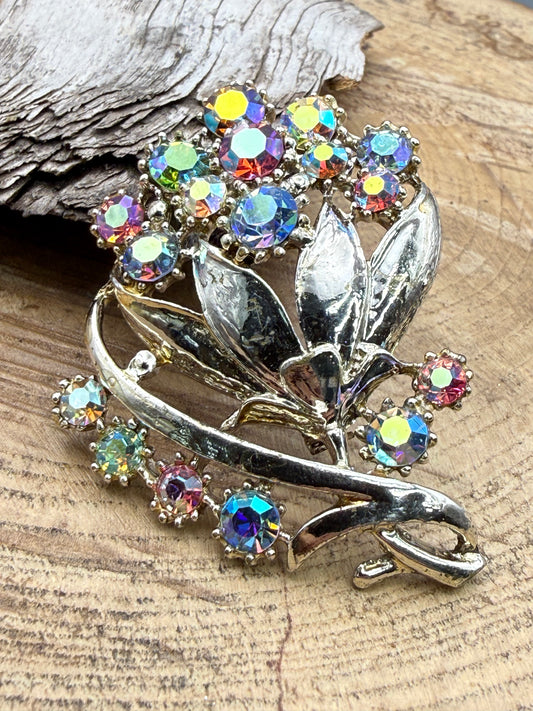 Vintage Red & Purple Aurora Borealis Flower Spray Brooch