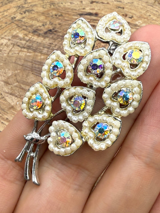 Vintage Aurora Borealis Bouquet of Hearts Brooch, Faux Pearl