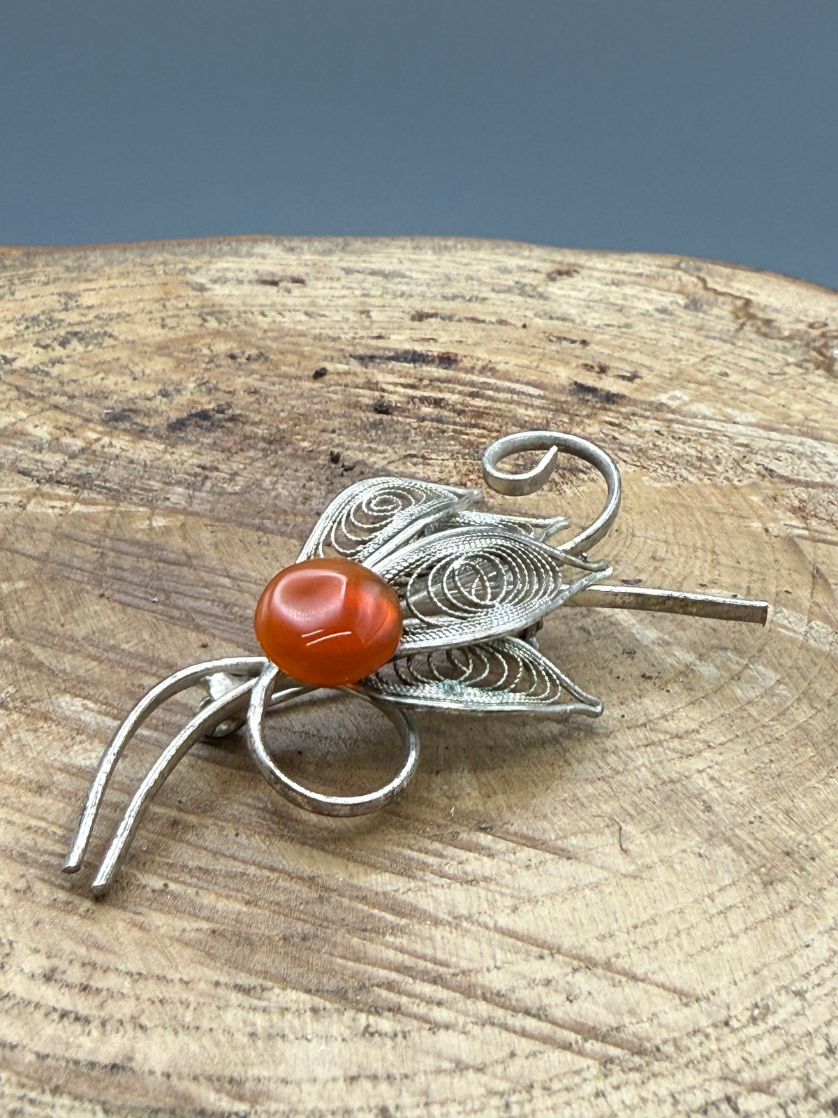 Vintage Filigree Spray Brooch, Red Glass Cabochon