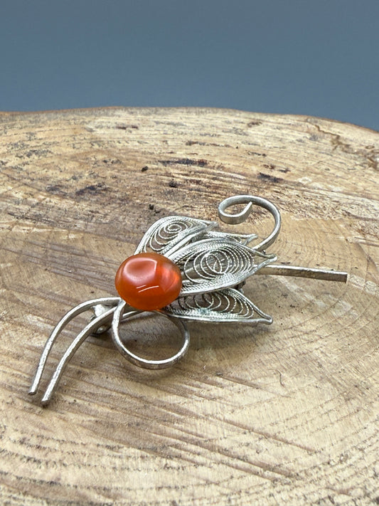 Vintage Filigree Spray Brooch, Red Glass Cabochon