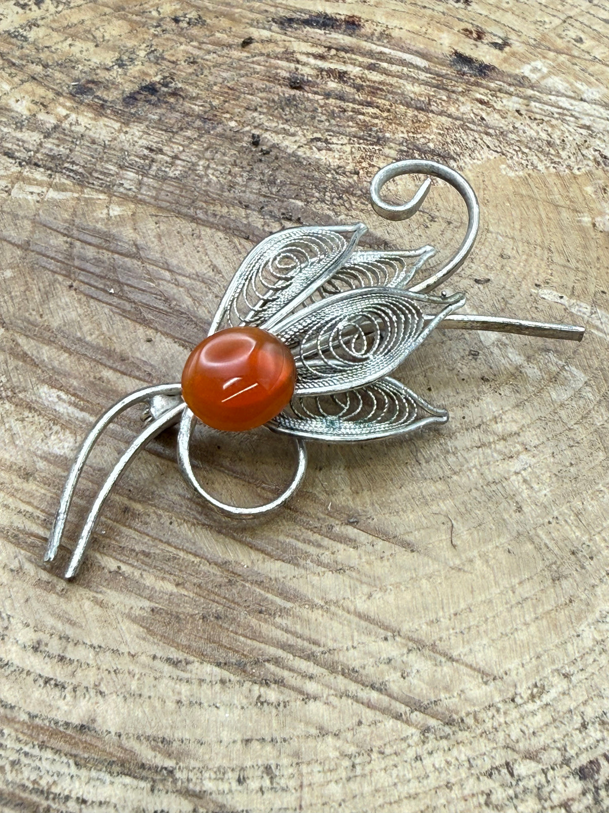 Vintage Filigree Spray Brooch, Red Glass Cabochon
