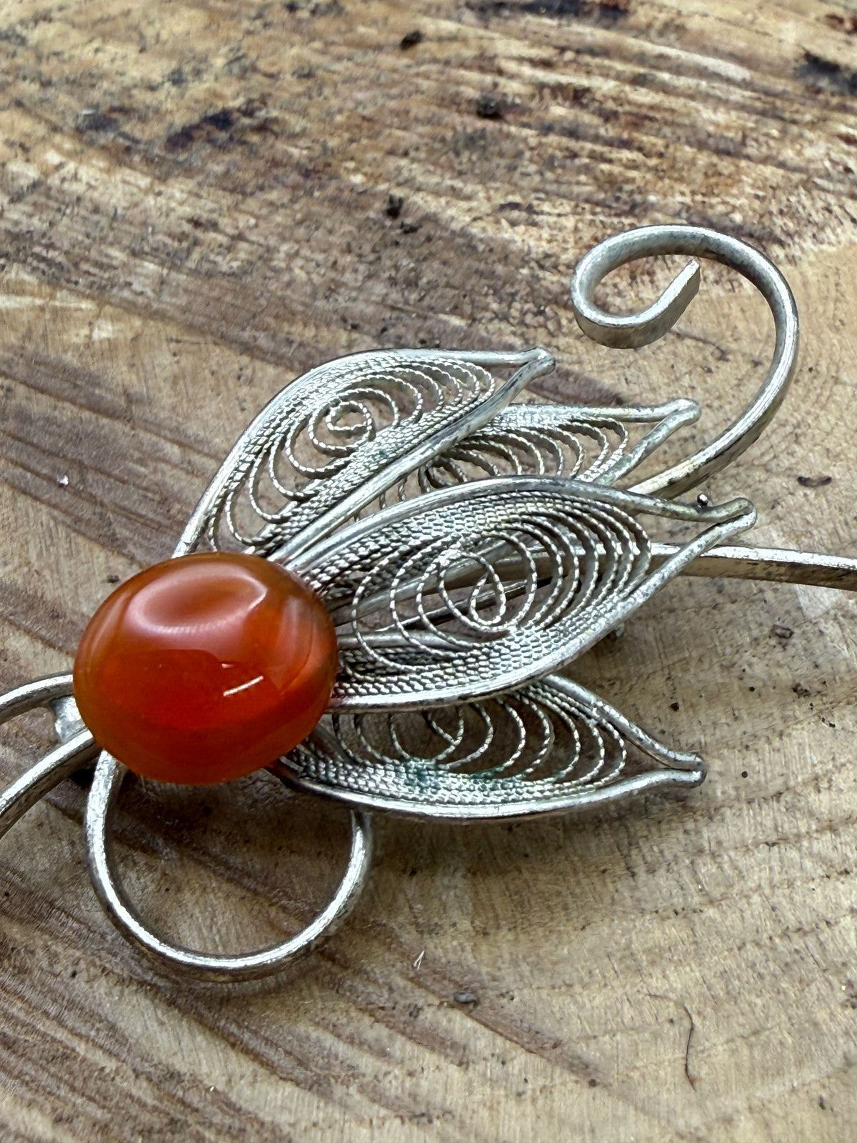 Vintage Filigree Spray Brooch, Red Glass Cabochon
