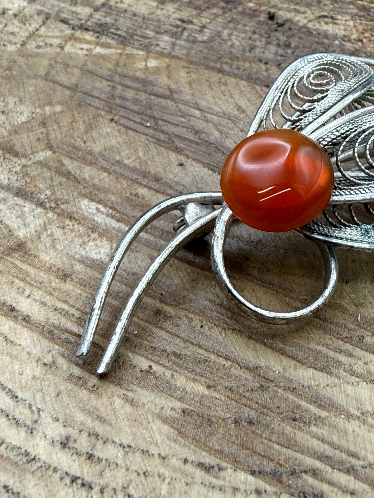 Vintage Filigree Spray Brooch, Red Glass Cabochon
