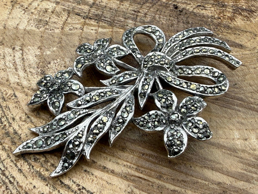 Vintage Marcasite Floral Bow Brooch