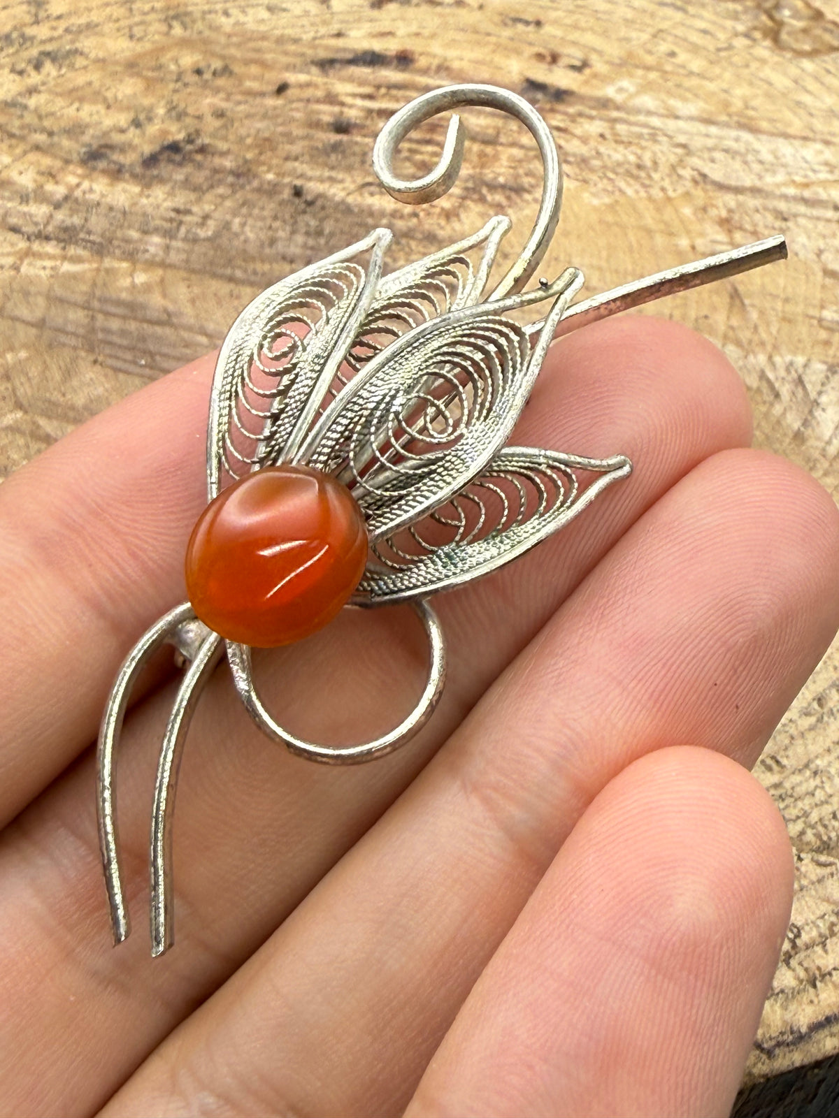 Vintage Filigree Spray Brooch, Red Glass Cabochon