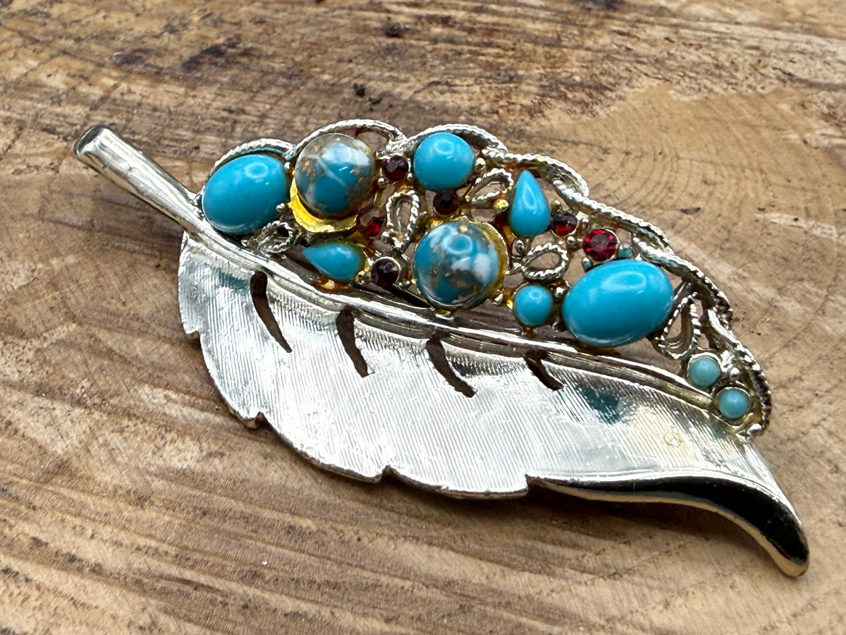 Vintage Turquoise Glass Leaf Brooch