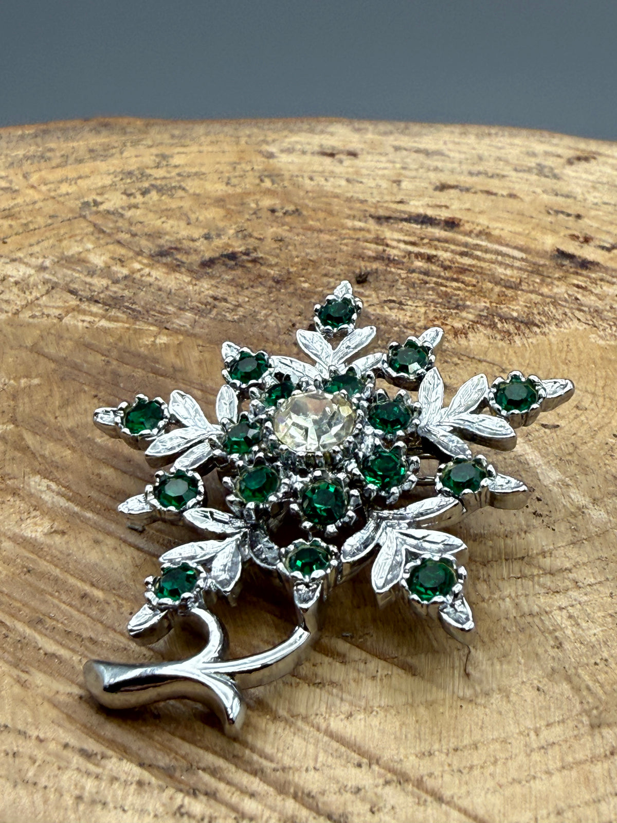 Vintage Leaf & Floral Rhinestone Brooch