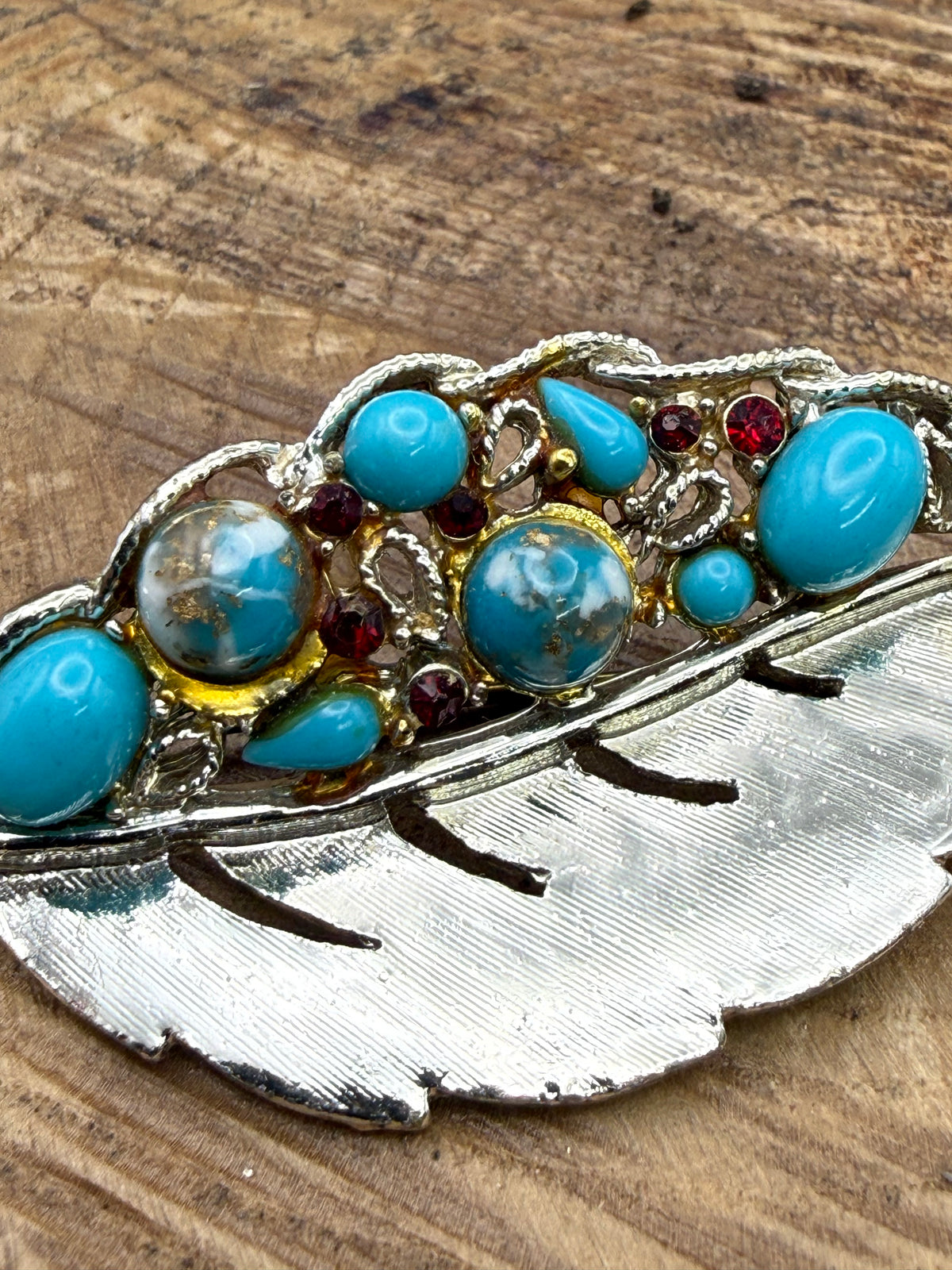 Vintage Turquoise Glass Leaf Brooch