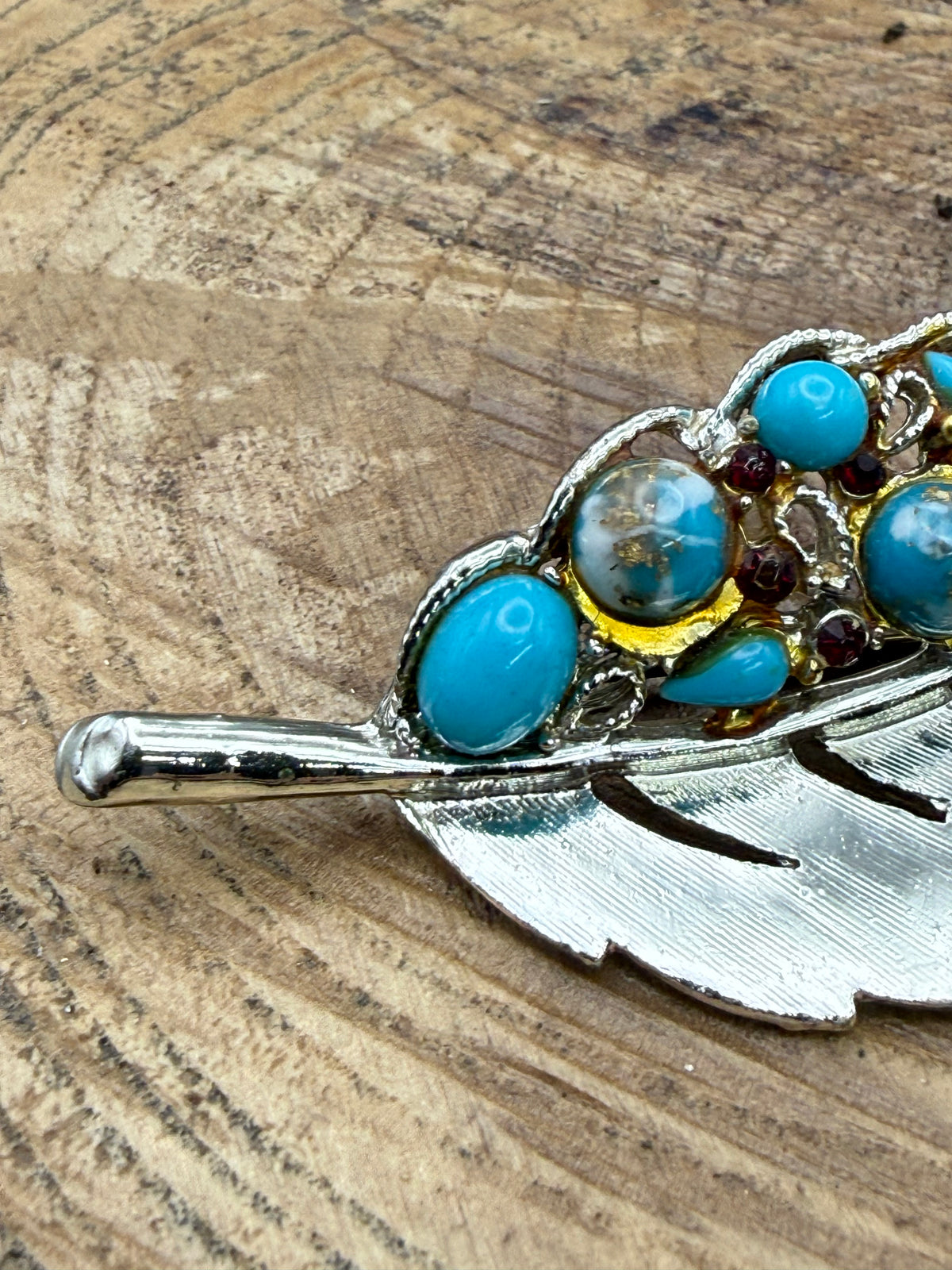Vintage Turquoise Glass Leaf Brooch