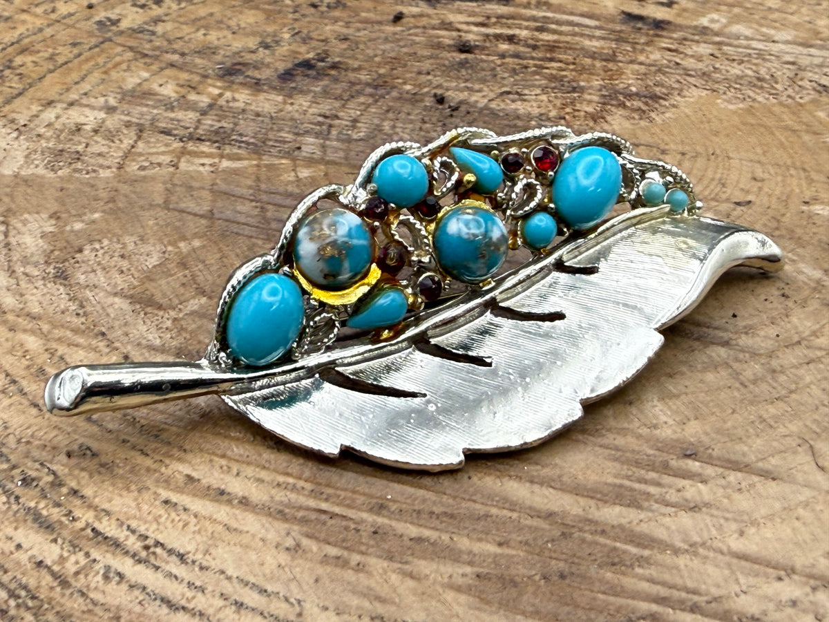 Vintage Turquoise Glass Leaf Brooch