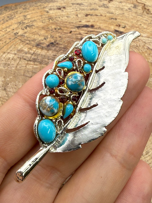 Vintage Turquoise Glass Leaf Brooch