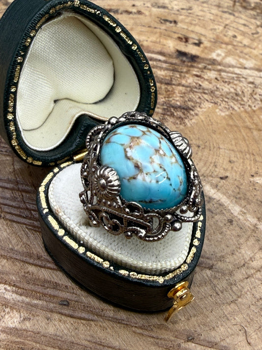 Vintage Marbled Blue Glass Filigree Ring