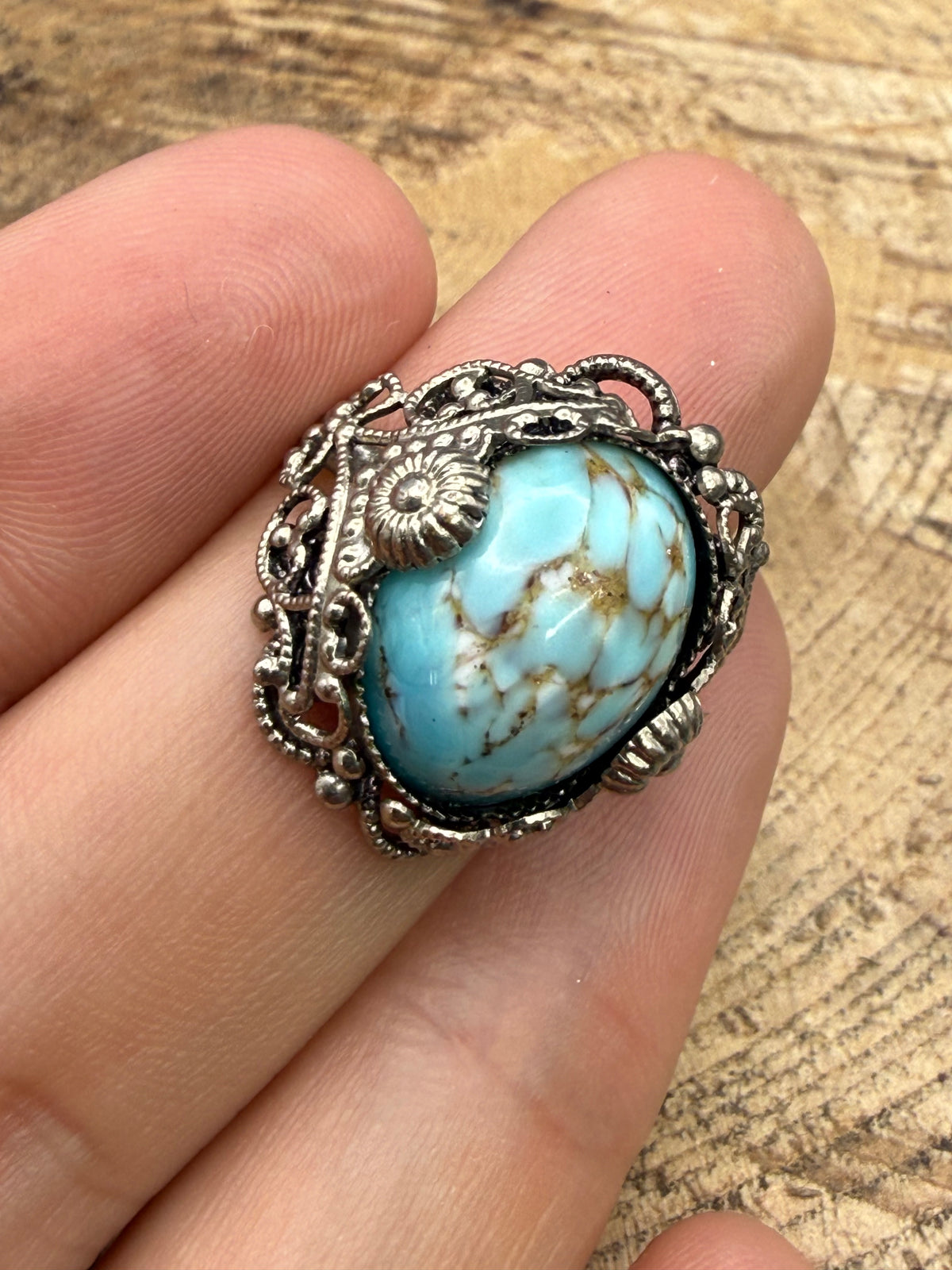 Vintage Marbled Blue Glass Filigree Ring