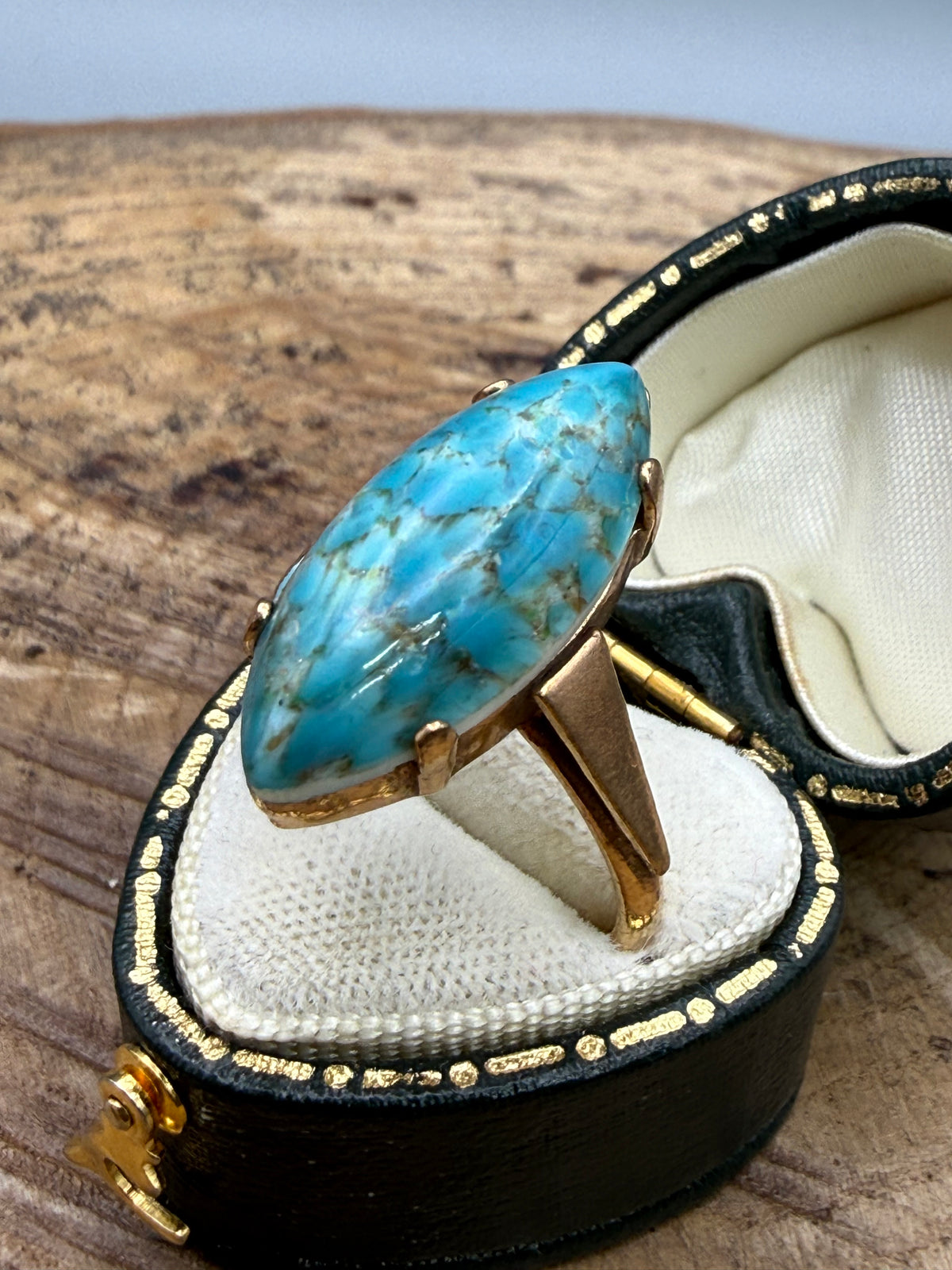 Vintage Blue Glass Marquise Adjustable Ring