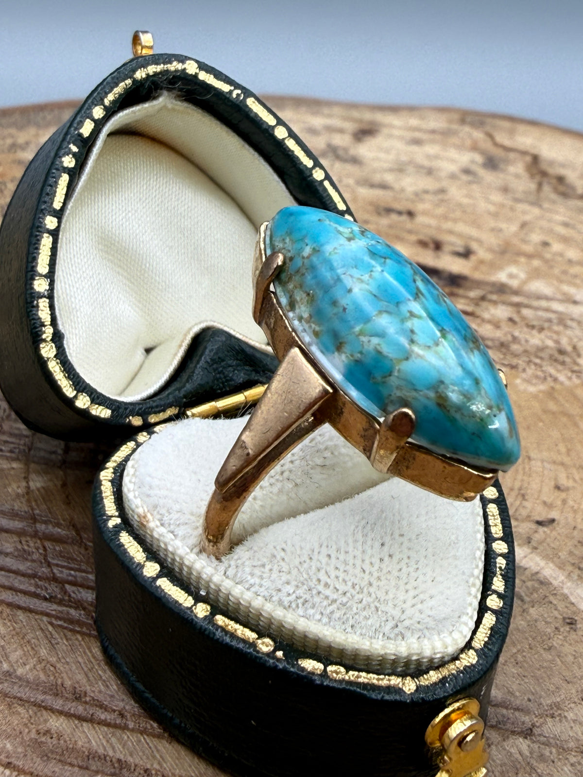 Vintage Blue Glass Marquise Adjustable Ring