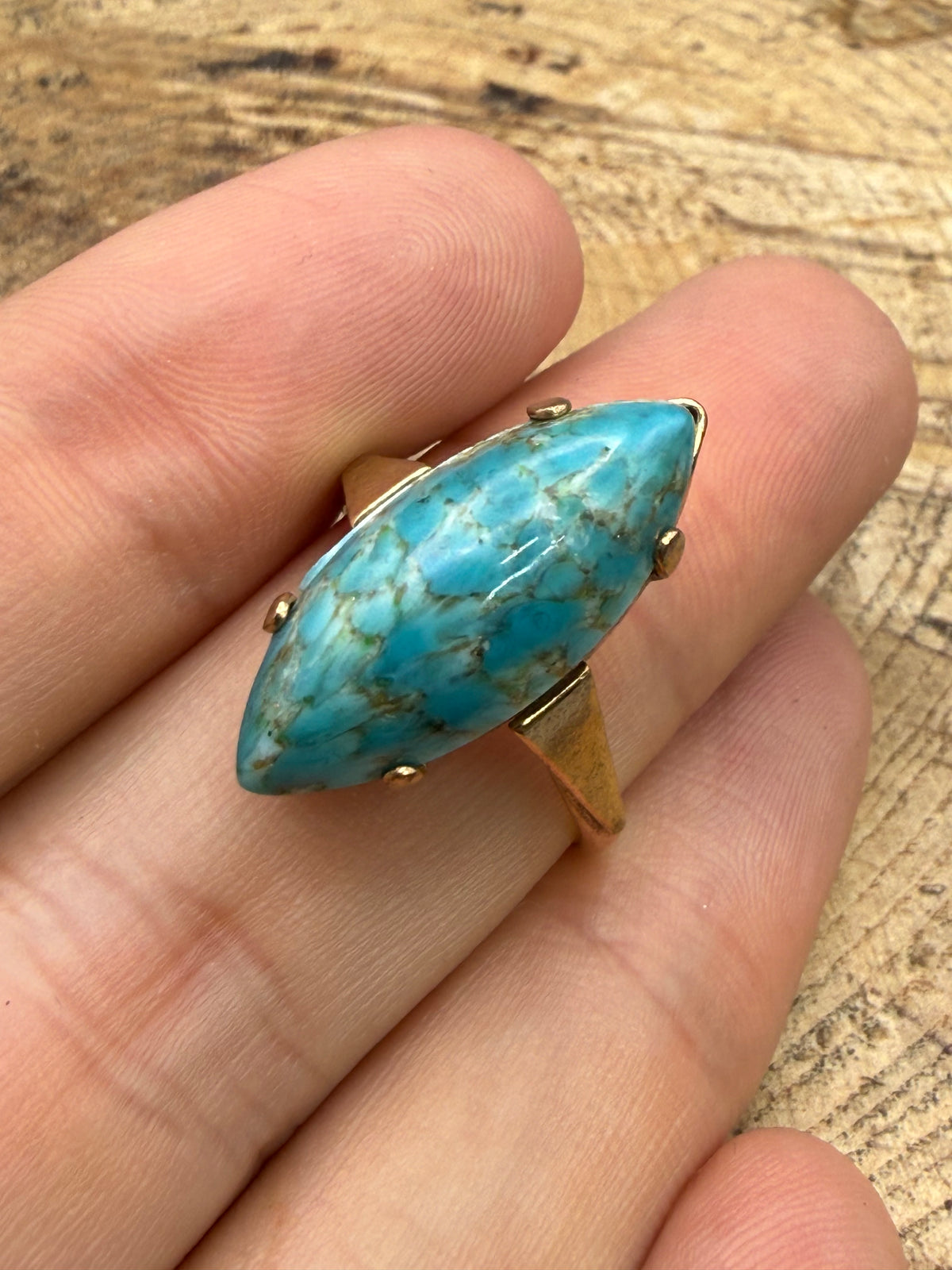 Vintage Blue Glass Marquise Adjustable Ring
