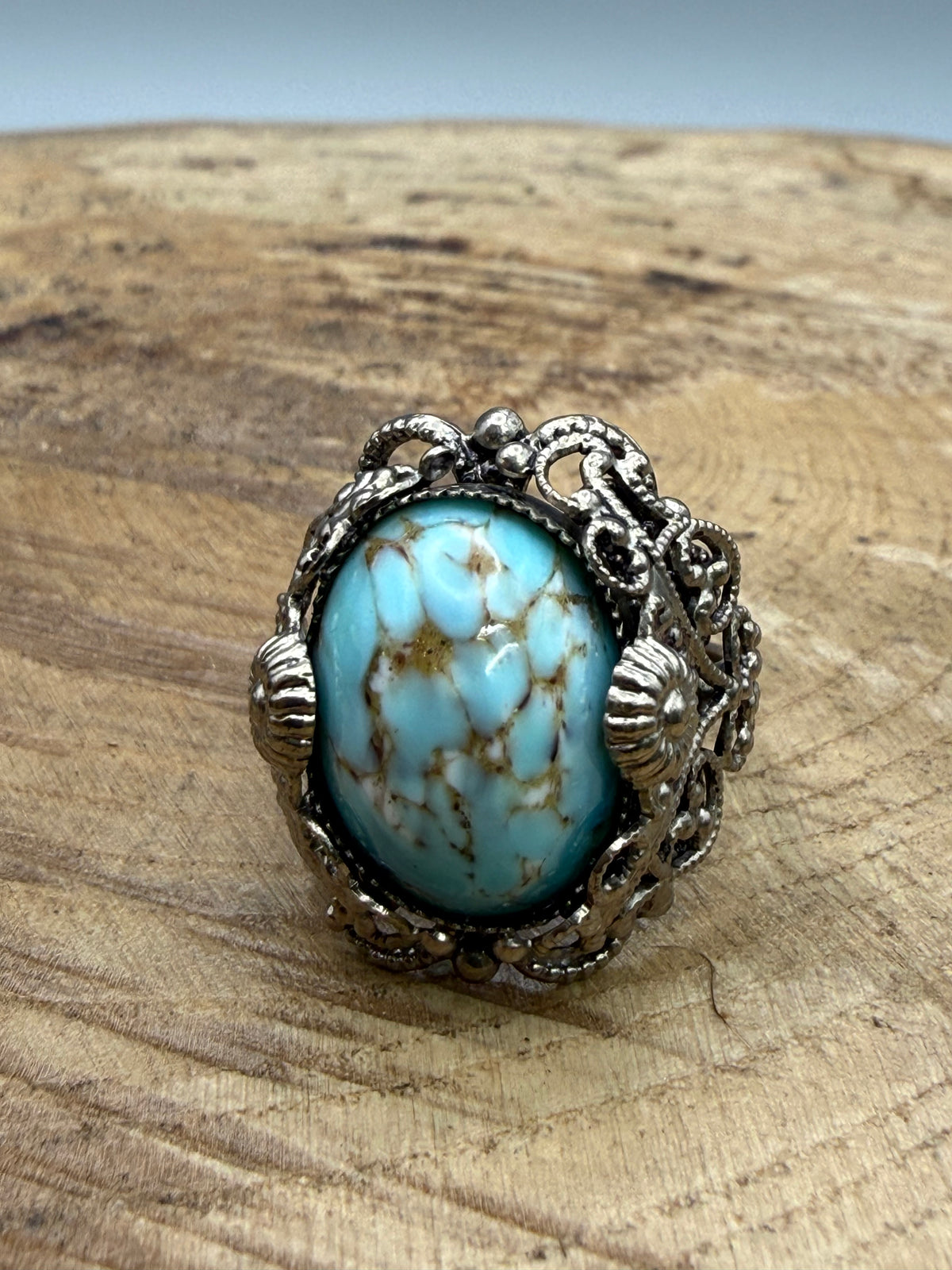 Vintage Marbled Blue Glass Filigree Ring