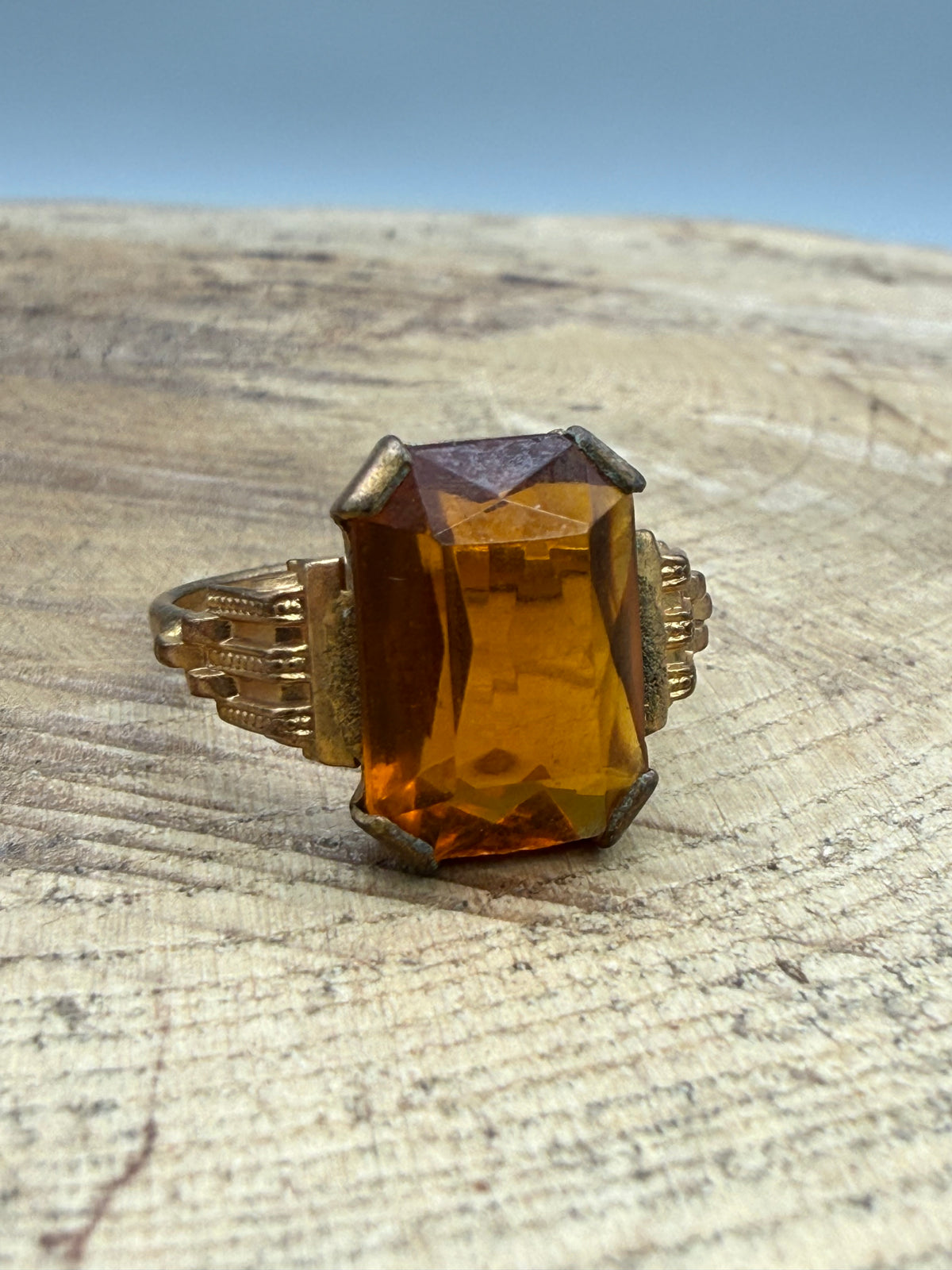 Vintage Emerald-Cut Orange Glass Cocktail Ring