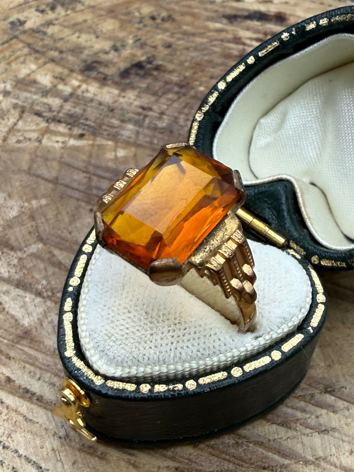 Vintage Emerald-Cut Orange Glass Cocktail Ring