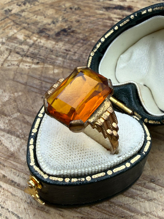 Vintage Emerald-Cut Orange Glass Cocktail Ring