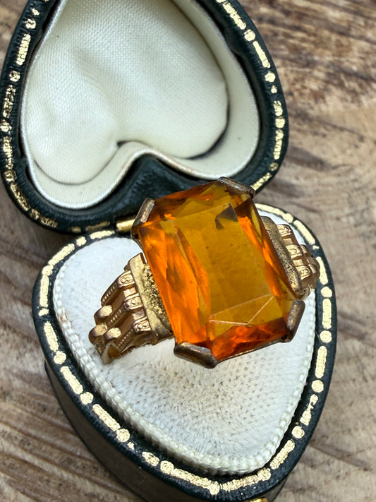 Vintage Emerald-Cut Orange Glass Cocktail Ring