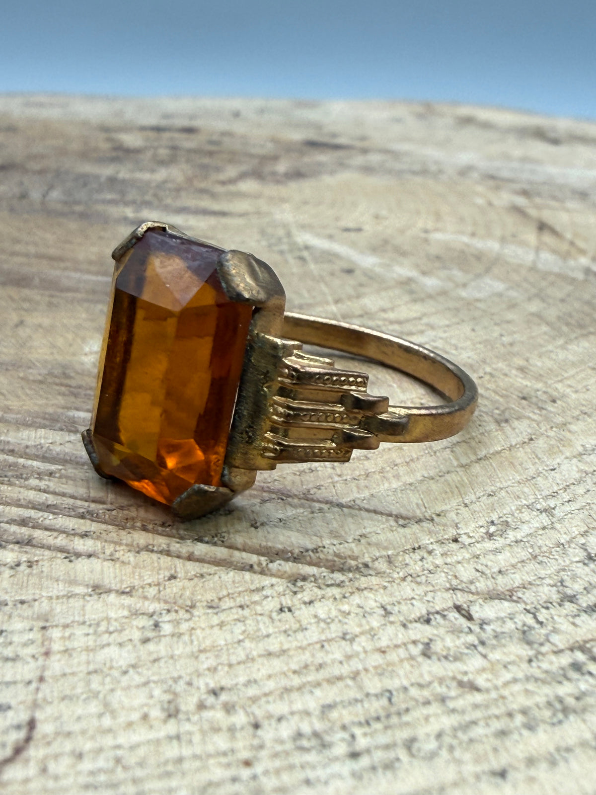 Vintage Emerald-Cut Orange Glass Cocktail Ring