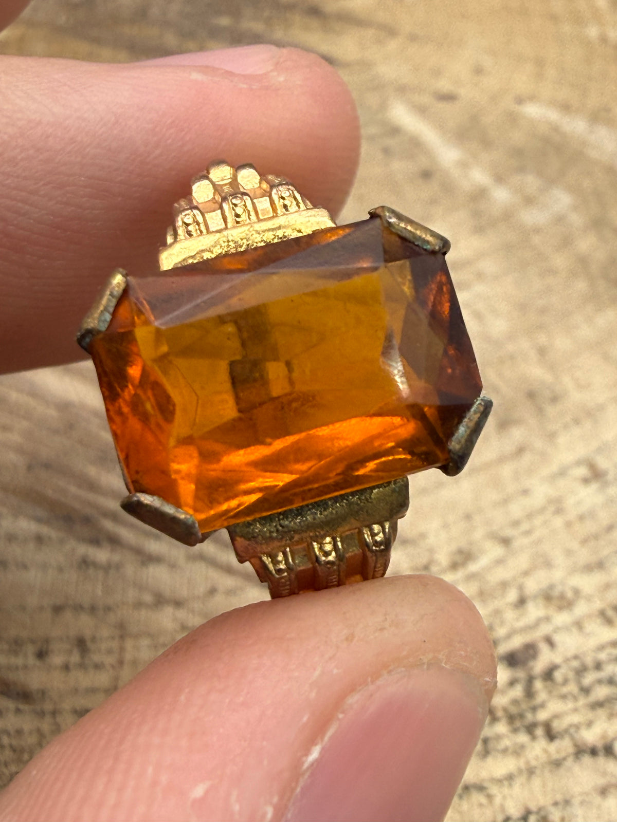 Vintage Emerald-Cut Orange Glass Cocktail Ring