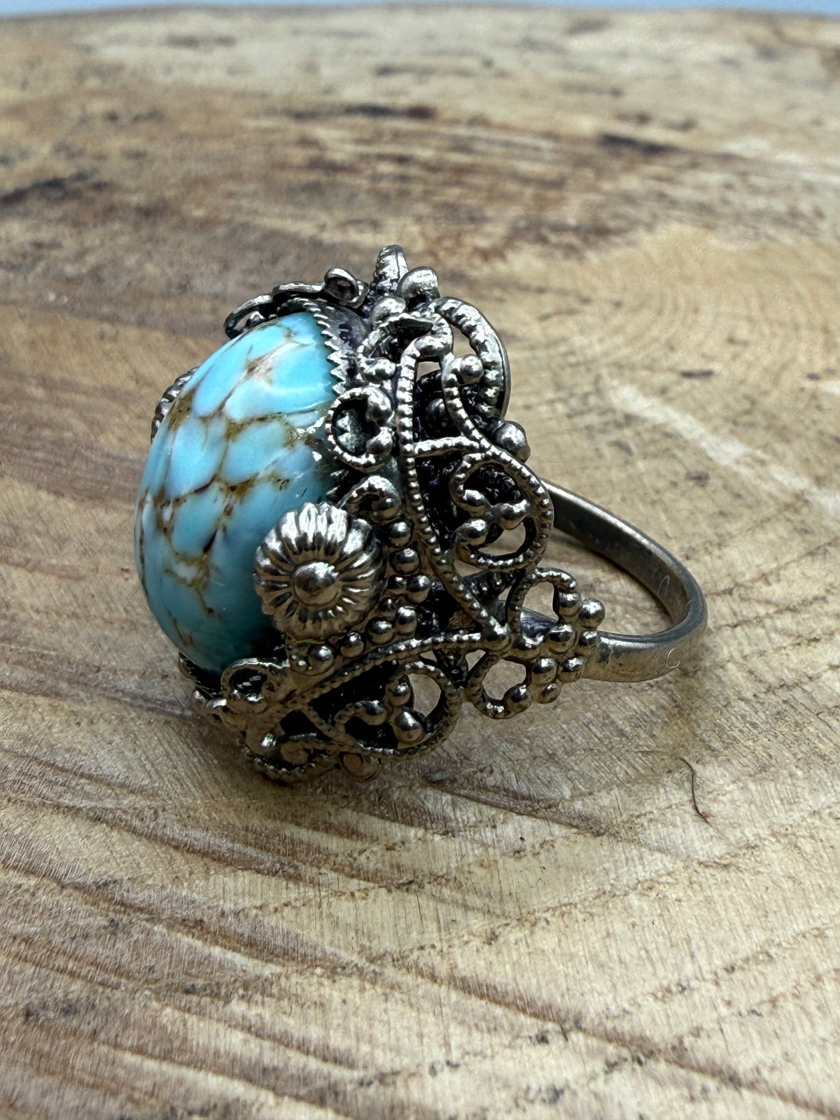 Vintage Marbled Blue Glass Filigree Ring