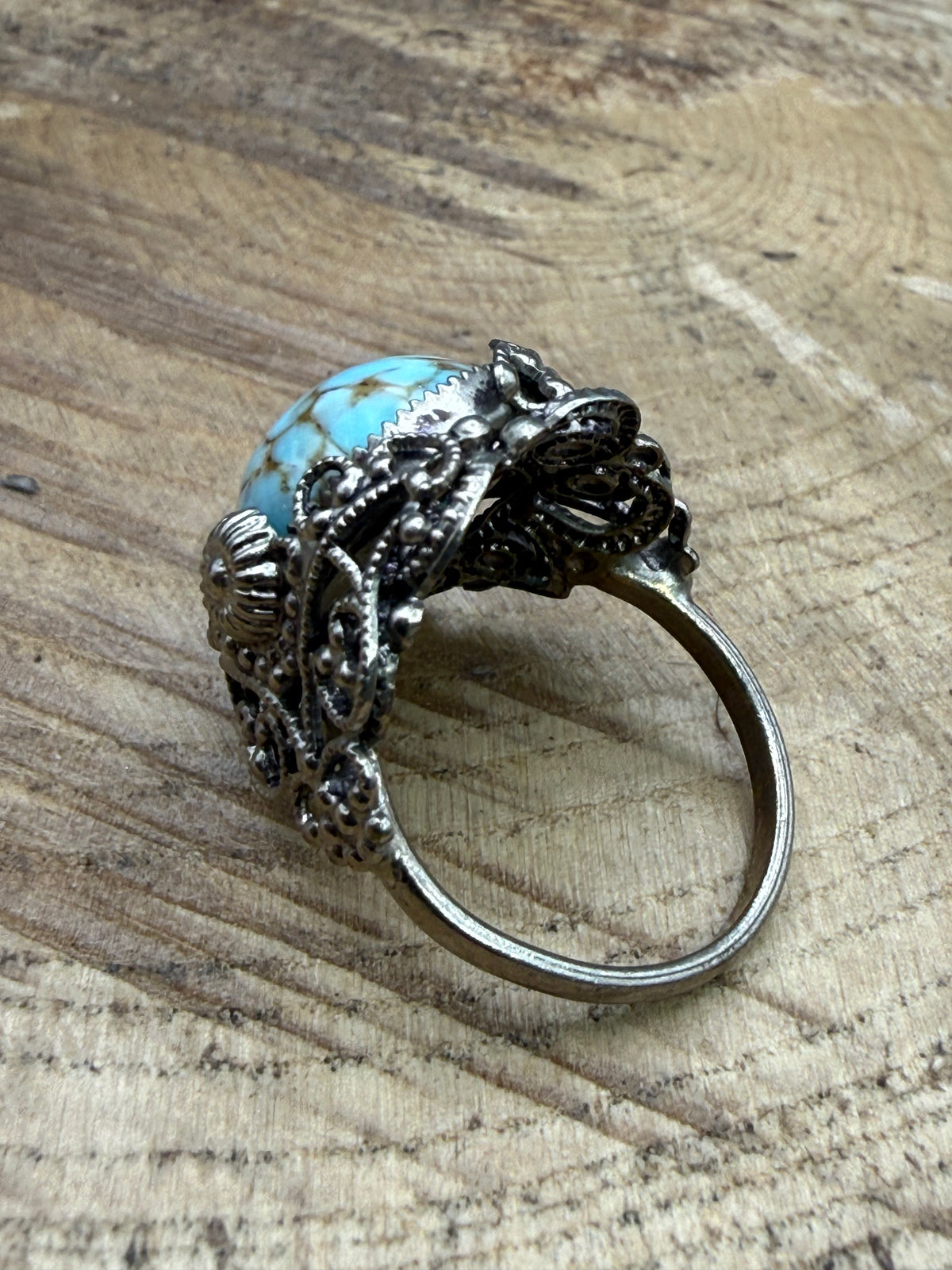 Vintage Marbled Blue Glass Filigree Ring