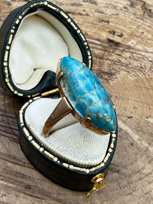 Vintage Blue Glass Marquise Adjustable Ring