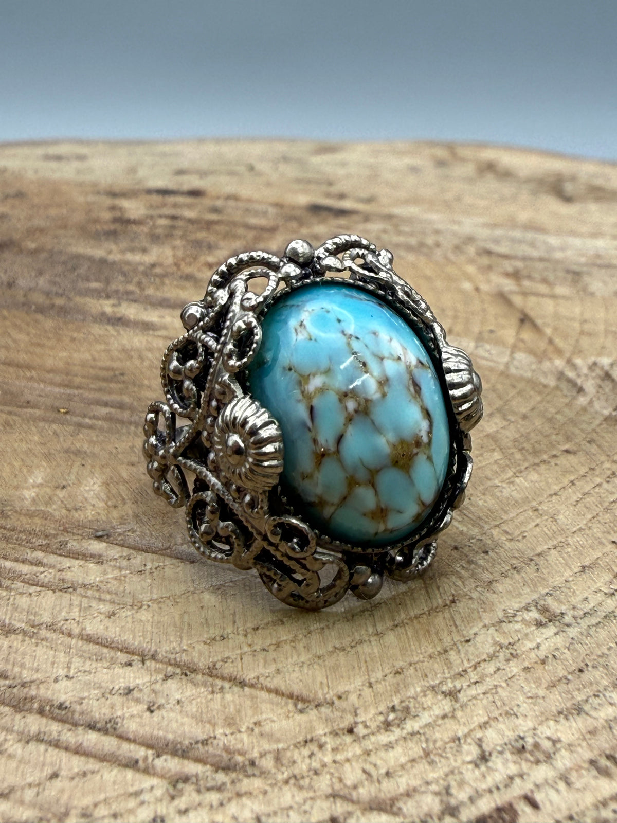 Vintage Marbled Blue Glass Filigree Ring