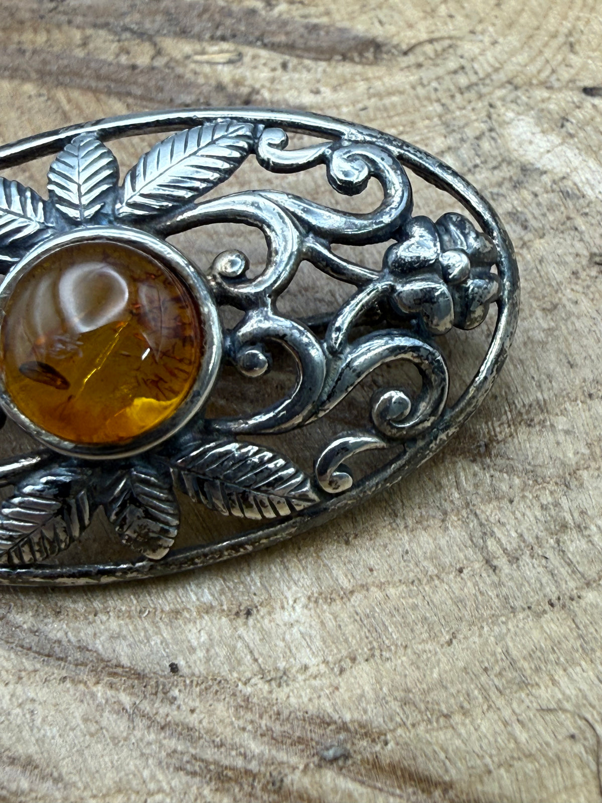 Vintage Sterling Silver Amber Brooch, Art Nouveau Style
