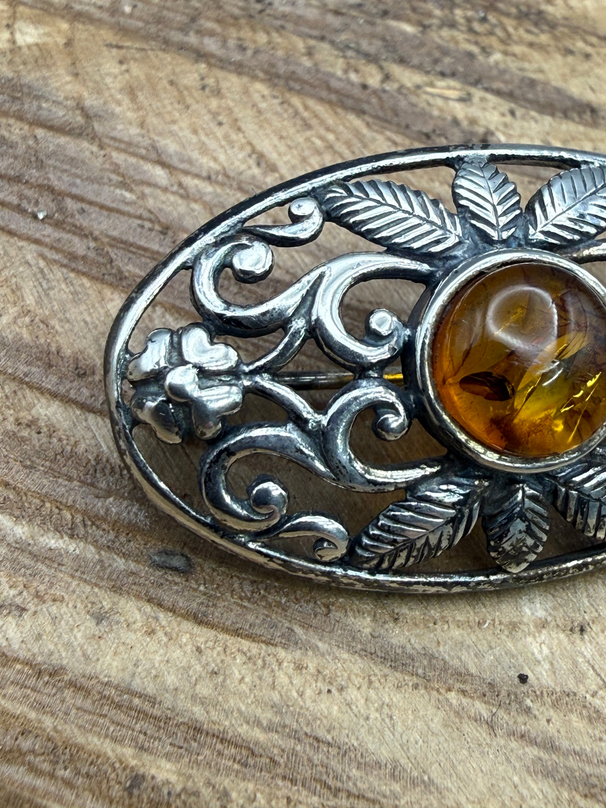Vintage Sterling Silver Amber Brooch, Art Nouveau Style